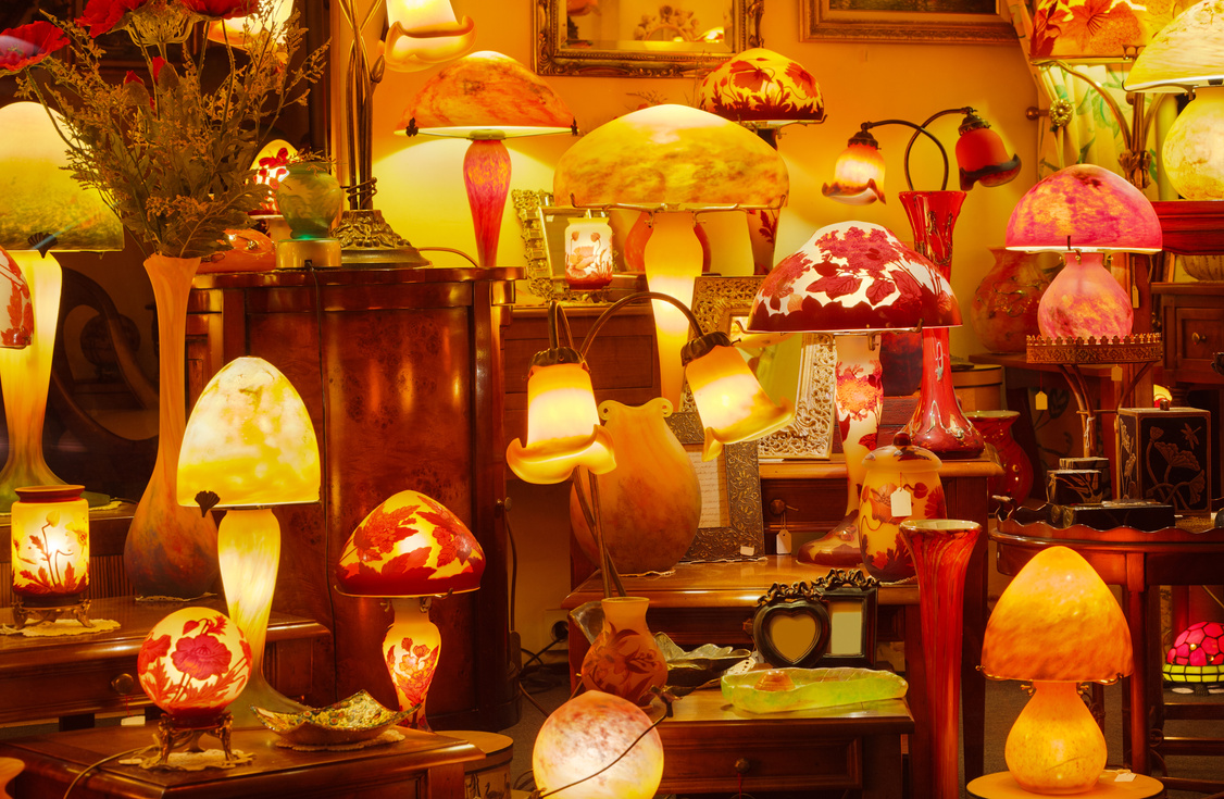 Many Colorful Illuminated Tiffany Lamps